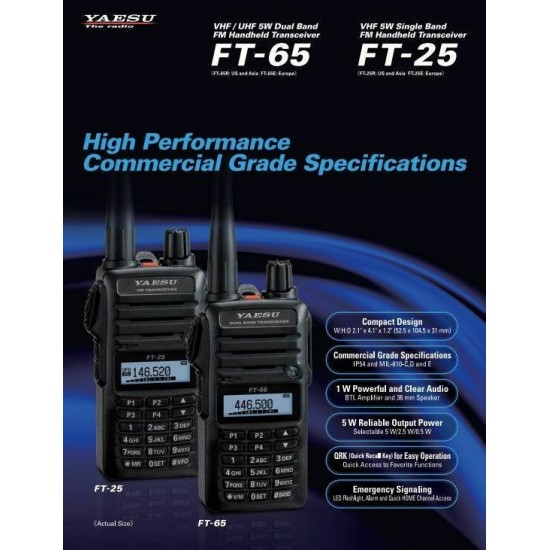 YAESU FT-65E UHF/VHF 5W WIRELESS TRANSCEIVER WITH MONO COLOR DISPLAY